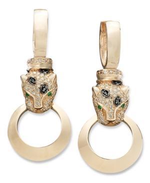 Effy Signature Black And White Diamond (3/4 Ct. T.w.) And Emerald Accent Door Knocker Panther Earrings In 14k Rose Gold