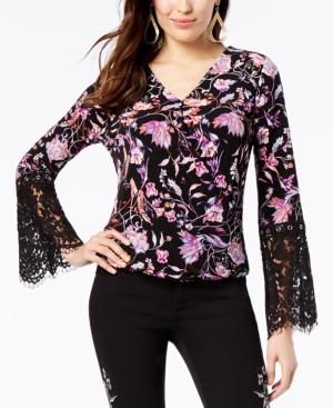 Thalia Sodi Printed Surplice Lace-sleeve Top, Created For Macy's