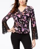 Thalia Sodi Printed Surplice Lace-sleeve Top, Created For Macy's