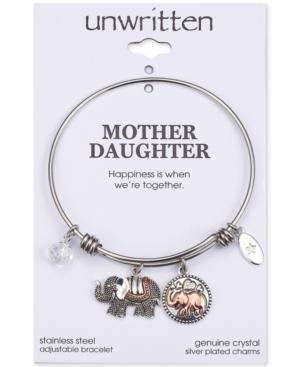 Unwritten Double Elephant Crystal Charms Adjustable Bangle Bracelet In Two-tone Stainless Steel