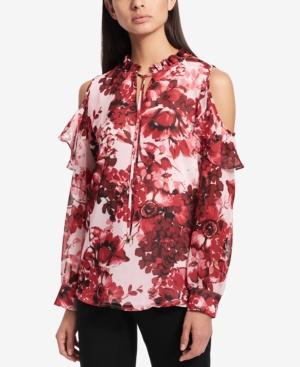 Calvin Klein Printed Ruffled Cold-shoulder Top