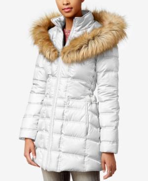 Betsey Johnson Faux-fur-trim Hooded Lace-up Puffer Coat