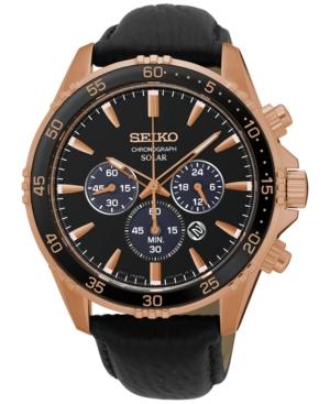 Seiko Men's Solar Chronograph Black Leather Strap Watch 44mm Ssc448