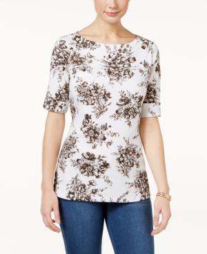 Karen Scott Floral-print Cuffed-sleeve Top, Only At Macy's