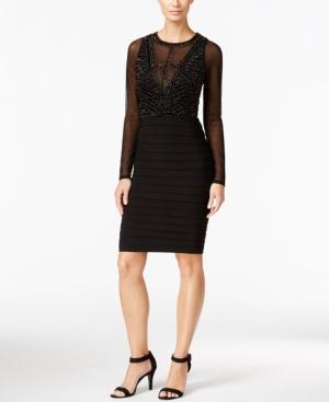 Xscape Petite Long-sleeve Beaded Illusion Sheath Dress