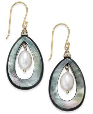 Paul & Pitu Naturally Two-tone Pave, Imitation Pearl & Gray Stone Drop Earrings