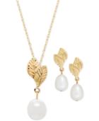 Cultured Freshwater Pearl (7mm) Leaf Pendant Necklace And Drop Earrings Set In 14k Gold