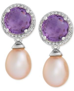 Pink Cultured Freshwater Pearl (8mm), Amethyst (3-1/5 Ct. T.w.) And Diamond (1/5 Ct. T.w.) Earrings In Sterling Silver