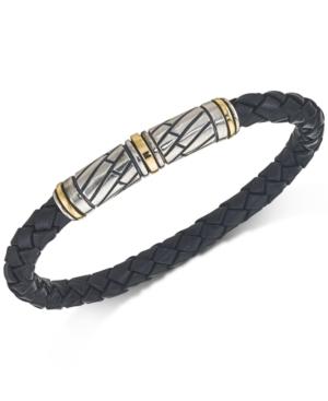 Esquire Men's Jewelry Black Woven Leather Bracelet In Sterling Silver And 14k Gold, Created For Macy's