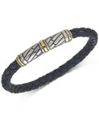 Esquire Men's Jewelry Black Woven Leather Bracelet In Sterling Silver And 14k Gold, Created For Macy's