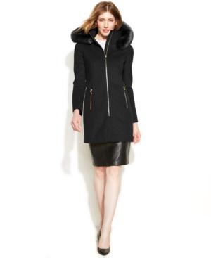 Tahari Hooded Faux-fur-trim Wool-blend Walker