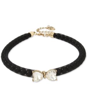Betsey Johnson Gold-tone Stone Bow And Black Mesh Choker Necklace