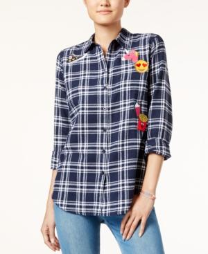 Polly & Esther Juniors' Emoji Patched Plaid Shirt