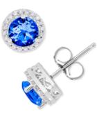 Sapphire (1-1/4 Ct. T.w.) & Diamond (1/8 Ct. T.w.) Halo Stud Earrings In 14k White Gold