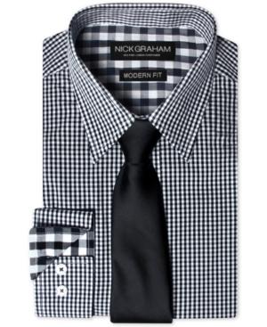 Nick Graham Men's Modern Fitted Gingham Dress Shirt & Solid Tie Set