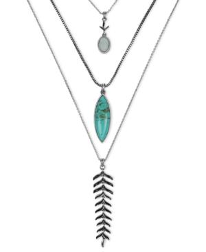 Lucky Brand Necklace, Silver-tone Turquoise Stone Fern Pendant Three-row Necklace Necklace