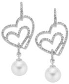 Sterling Silver Earrings, Cultured Freshwater Pearl (7mm) And Diamond (1/2 Ct. T.w.) Heart Earrings
