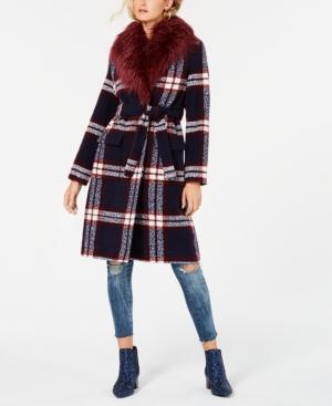 Guess Faux-fur Collar Plaid Coat