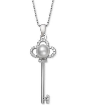 Cultured Freshwater Pearl (7mm) & Cubic Zirconia Clover Key 18 Pendant Necklace In Sterling Silver