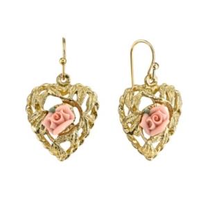 2028 Gold Pink Flower Heart Drop Earrings