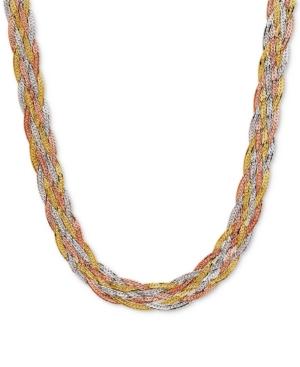 Tri-color Braided Herringbone Statement Necklace In 10k Gold, White Gold & Rose Gold