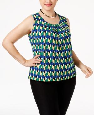 Kasper Plus Size Printed Pleat-neck Shell