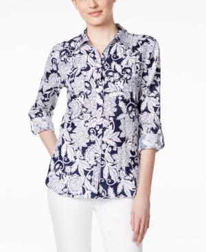 Charter Club Linen Roll-sleeve Shirt, Paisley Floral Print