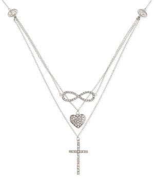 Sis By Simone I Smith Crystal Heart, Infinity And Cross Layered Pendant Necklace In Platinum Over Sterling Silver