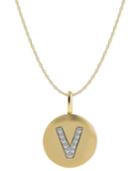 14k Gold Necklace, Diamond Accent Letter V Disk Pendant