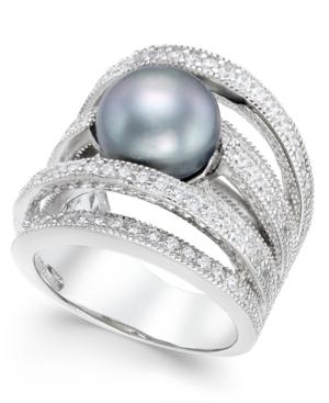 Gray Cultured Freshwater Pearl (10mm) And Cubic Zirconia Multi-row Statement Ring In Sterling Silver