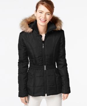 Rampage Faux-fur-trim Belted Puffer Coat