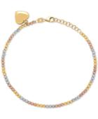 Tricolor Beaded Heart Charm Bracelet In 10k Gold, White Gold & Rose Gold