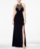 Betsy & Adam Beaded Star Open-back Halter Illusion Gown