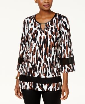 Jm Collection Cheetah-print Chiffon-trimmed Keyhole Blouse