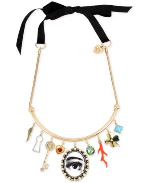 Betsey Johnson Gold-tone Multi-charm Black Ribbon Choker Necklace