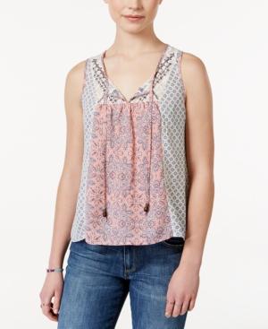 Jolt Juniors' Printed Lace-trim Sleeveless Blouse