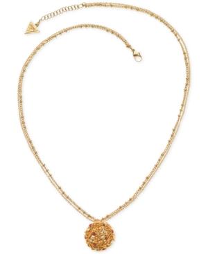 Guess Gold-tone Double Chain Stone And Filigree Pendant Necklace