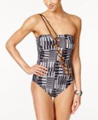 Kenneth Cole After Midnight Printed Lace-up Tummy-control Bandeau One-piece Swimsuit Women's Swimsuit