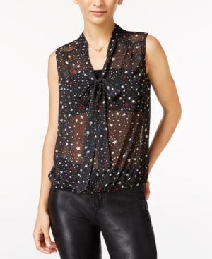 In Awe Of You By Awesomeness Tv Juniors' Sheer Star-print Tie-neck Blouse