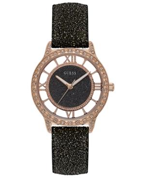 Guess Women's Black Glitter Leather Strap Watch 38mm