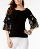 I.n.c. Embroidered Tulle-sleeve Sweater, Created For Macy's