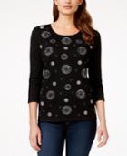 Karen Scott Three-quarter-sleeve Embellished Top, Only At Macy's