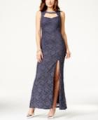 City Triangles Juniors' Cutout Glitter Lace Side-slit Gown