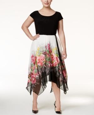 Sl Fashions Plus Size Belted Floral Handkerchief-hem Dress
