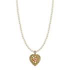 2028 Gold-tone Simulated Pearl Pink Porcelain Rose Heart Pendant Necklace 16 Adjustable
