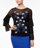 Thalia Sodi Mesh Embroidered Tiered-sleeve Top, Created For Macy's