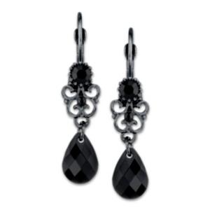 2028 Black-tone Black Crystal Teardrop Earrings