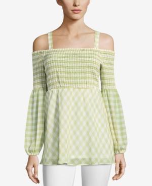 Eci Smocked Gingham Cold-shoulder Top
