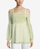 Eci Smocked Gingham Cold-shoulder Top