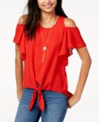 Bcx Juniors' Tie-front Cold-shoulder Top With Necklace